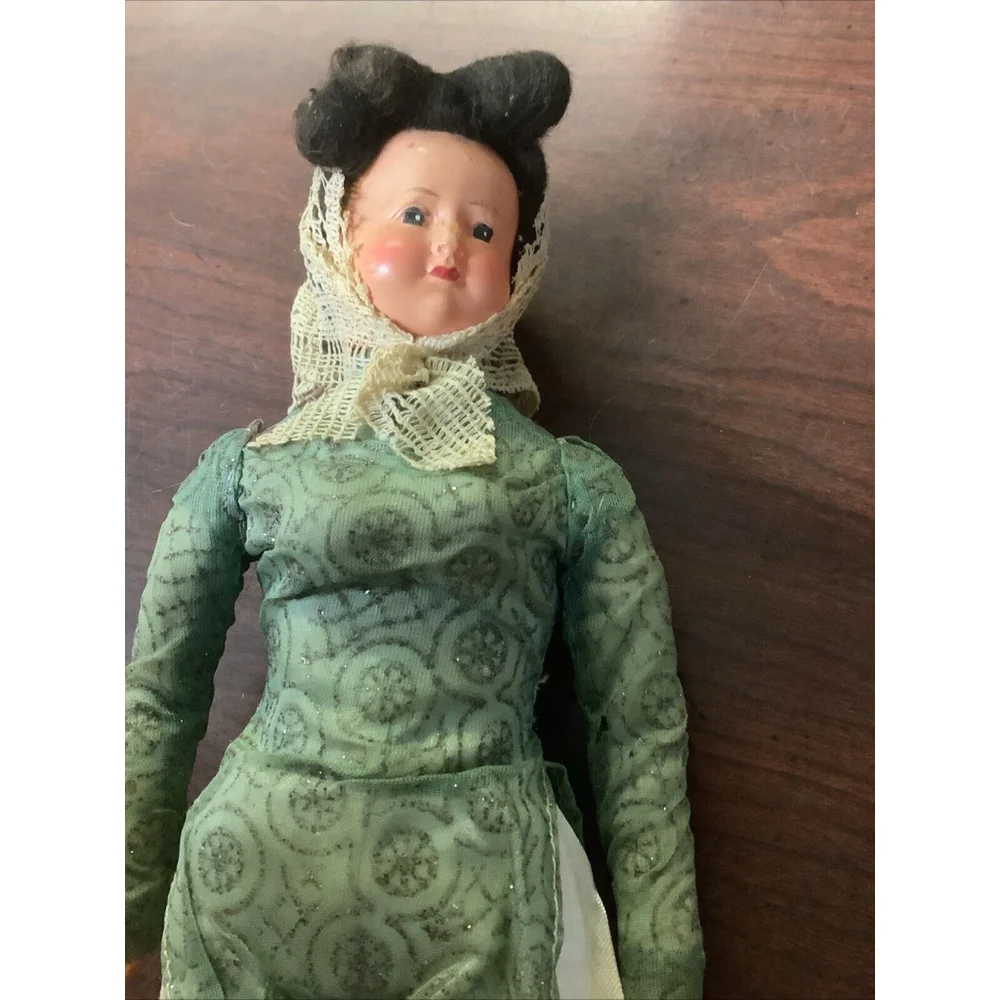 Vintage Celluloid Doll Black Haired Woman Ethic Clothes Handpainted